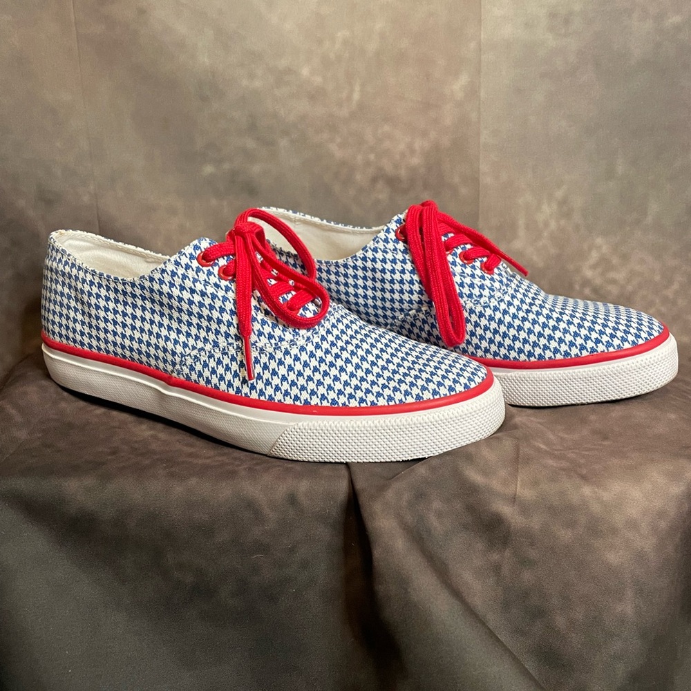 Sperry Blue Houndstooth Sneakers with Red Laces